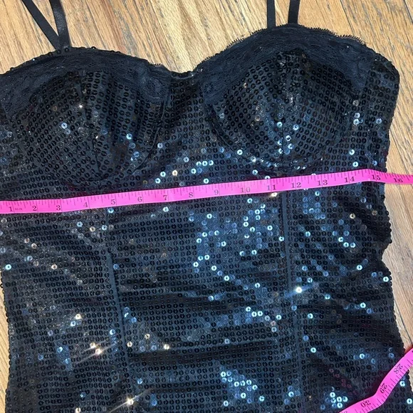Black Sequin Party Holiday New Years Bachelorette Bustier Cami Blouse L - Picture 4 of 5